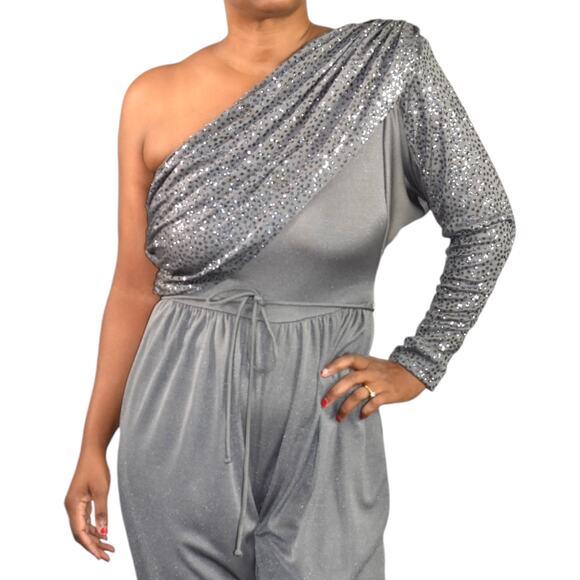 Vintage Climax One Shoulder Jumpsuit Gray Sequin Ruched Draped 70s Retro Small - Picture 4 of 15